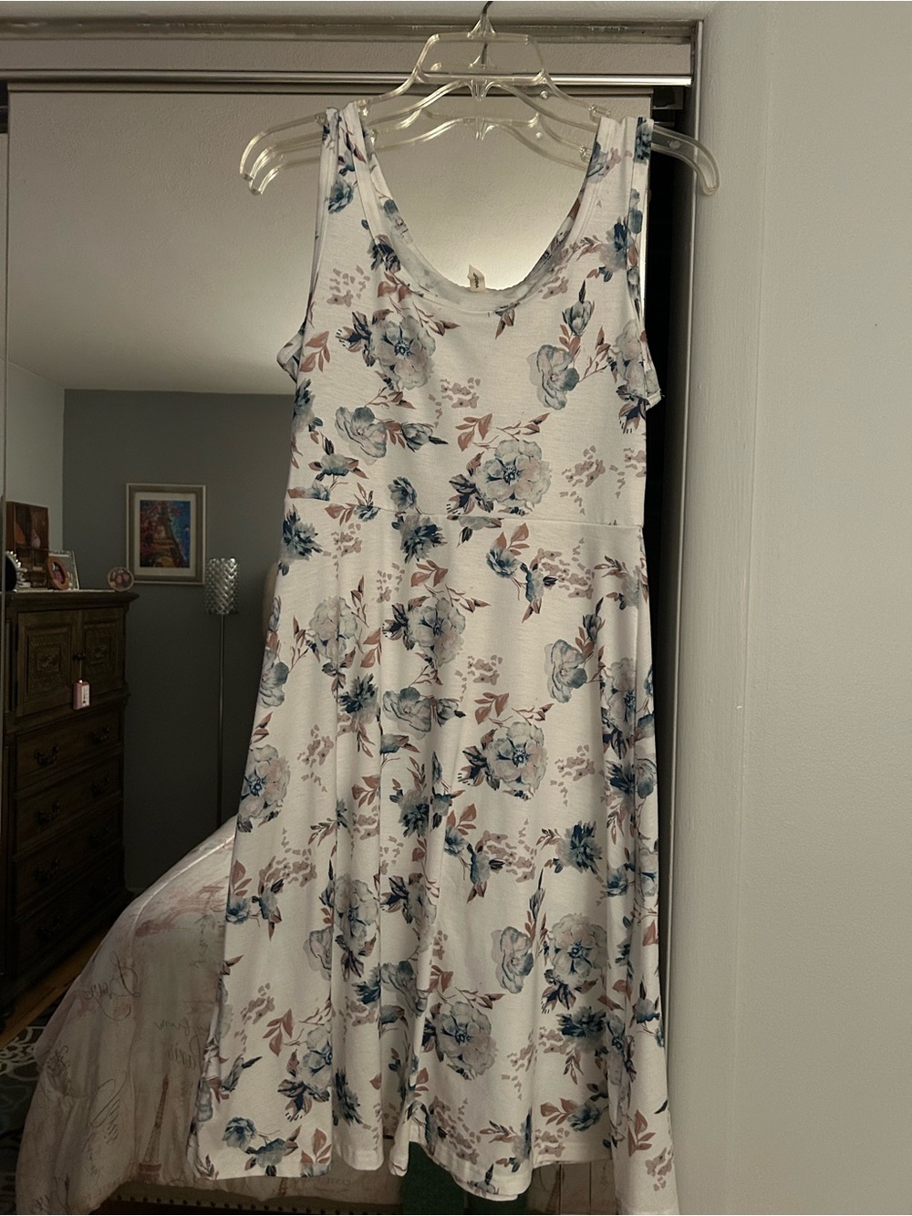 Sleeveless White Floral A-Line Dress with Blue & Taupe Blooms